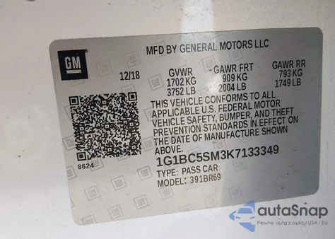 2019 Chevrolet Cruze Ls z USA, uszkodzony, nr VIN 1G1BC5SM3K7133349